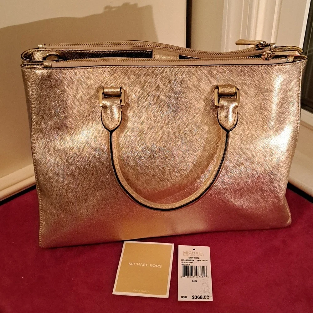 SOLD NEW Michael Kors Sutton Pale Gold Leather Satchel/CBwithTags - Picture 5 of 14